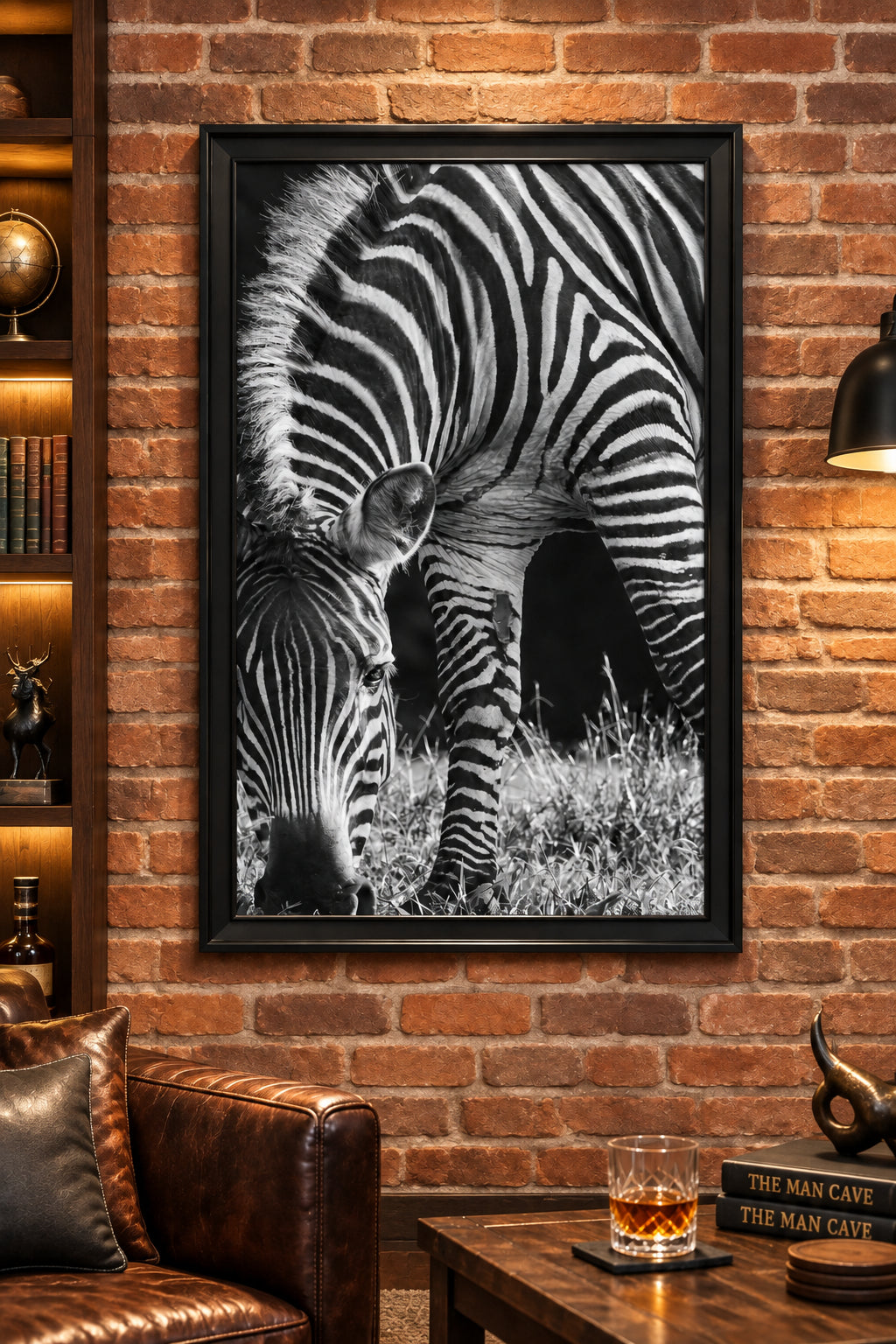 Black and white close-up photograph of a zebra grazing in grass, with the animal filling most of the frame.
