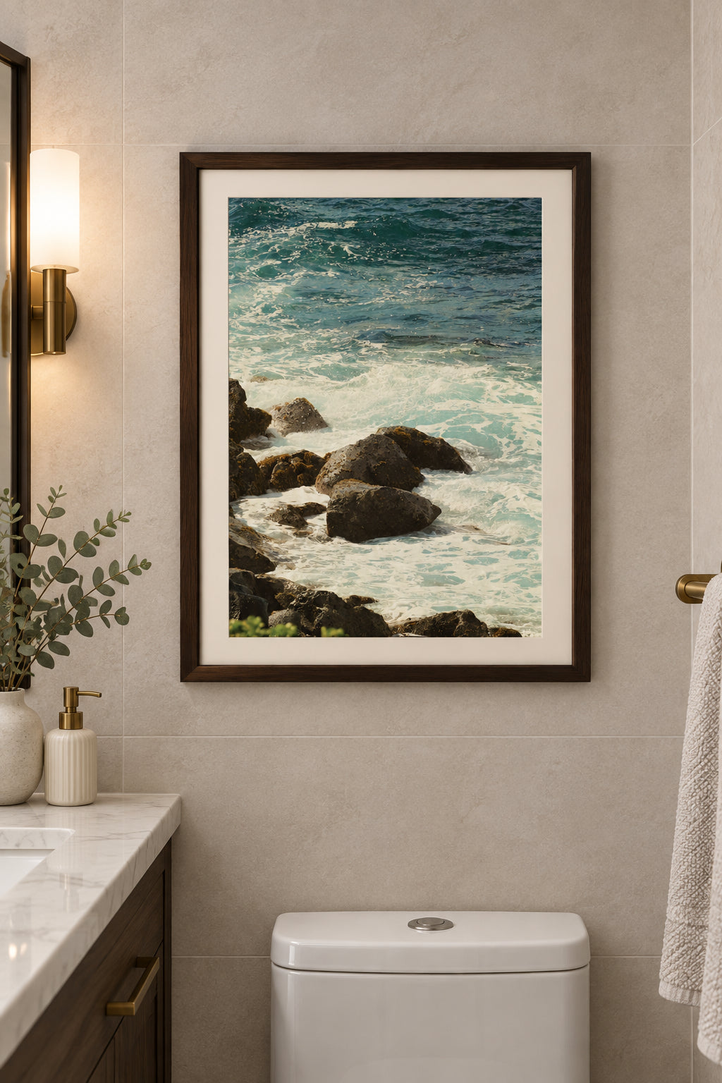 Coastal seascape with turquoise and deep blue ocean waves crashing against dark rocks and white surf.