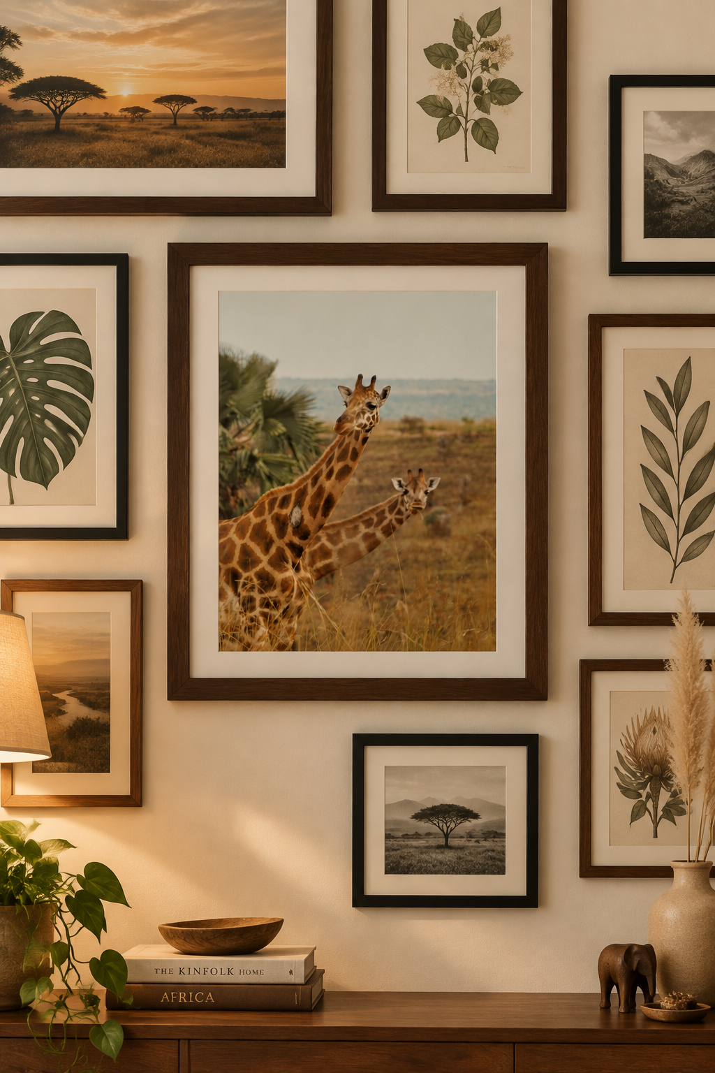 a vertical photograph of two giraffes peeking around to see whats happening around them. perfect print to bring in patterns and color to any space.