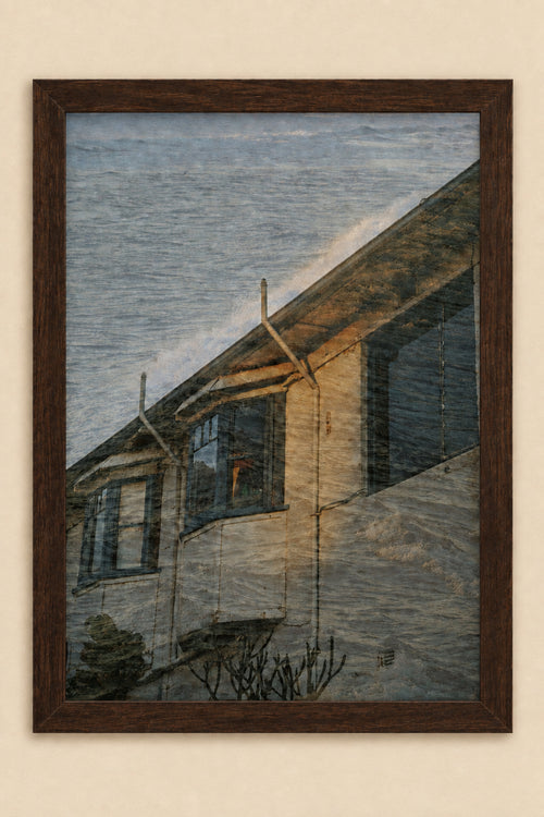 A square art print depicting a coastal house partially submerged in the ocean, rendered in a painterly, textured style with layered reflections.