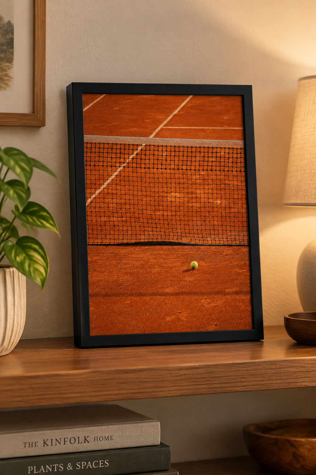 A tennis ball sits on a clay tennis court behind a black net, with orange-brown court lines visible in the background.