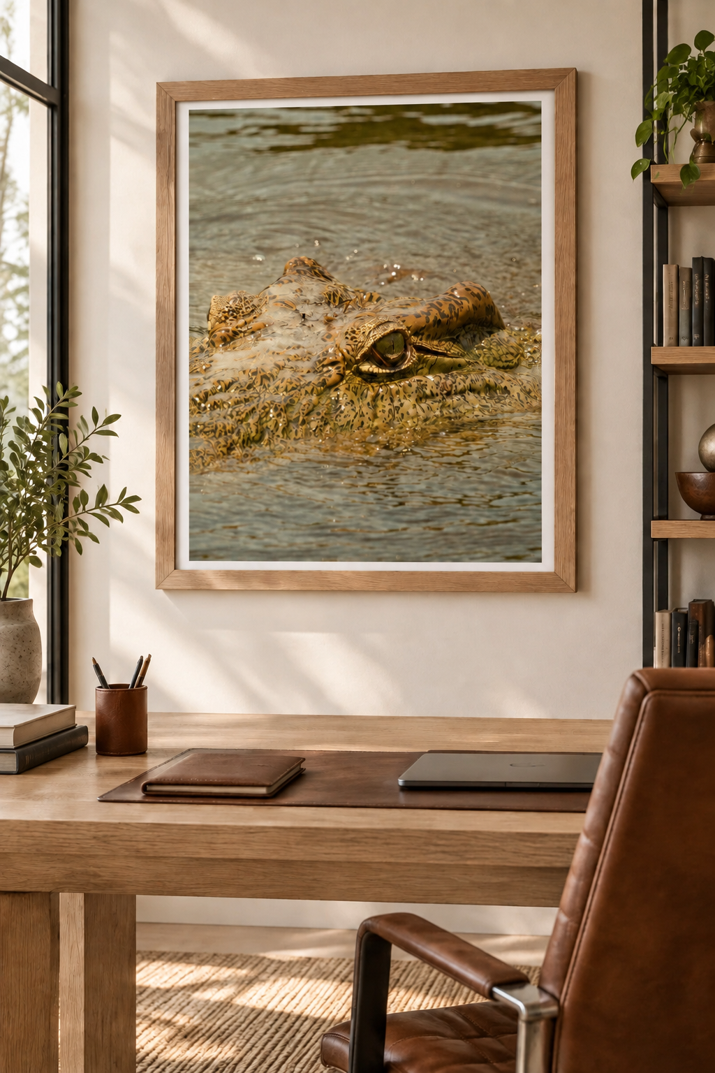 Crocodile photography print with a narrow white border in a wooden frame above a desk