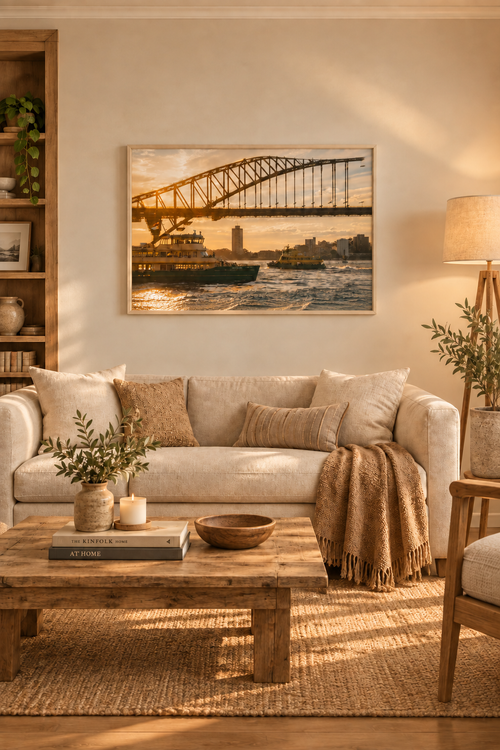 Horizontal Sydney Harbour ferry print without a white border in a vertical living-room mockup