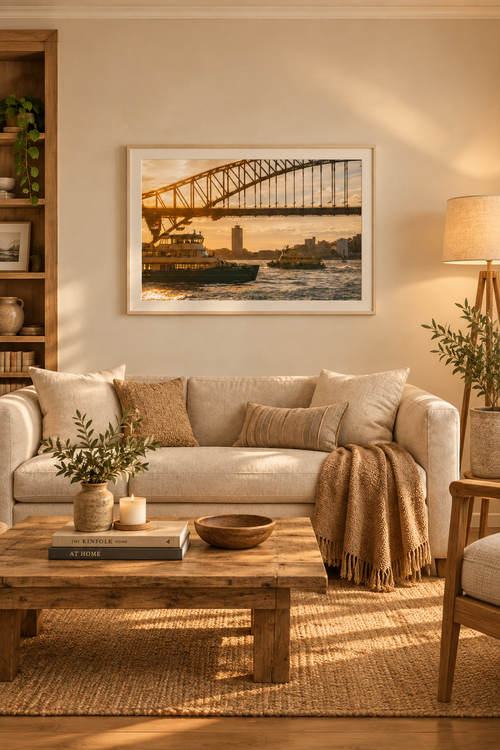 Horizontal Sydney Harbour ferry print with a white border in a vertical living-room mockup