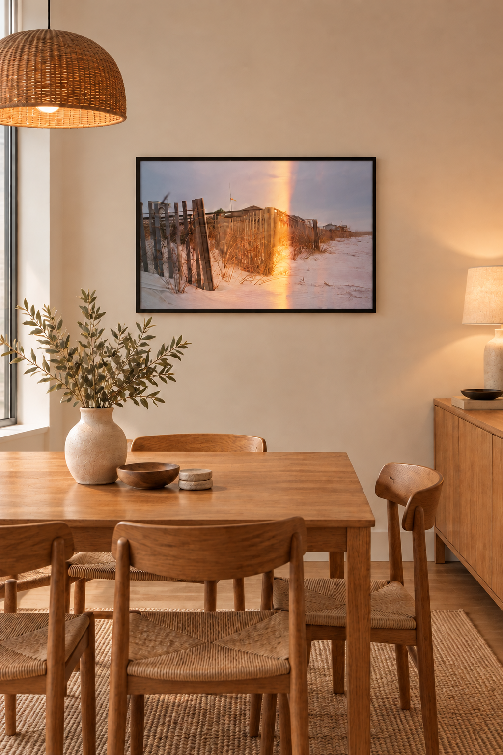 Sand dune film photograph without a white border in a thin black frame in a warm dining room
