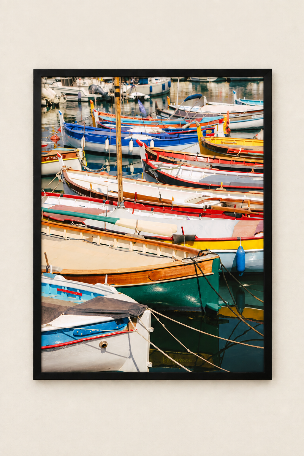 Rock the boat colorful harbor photograph in a black frame without a white border