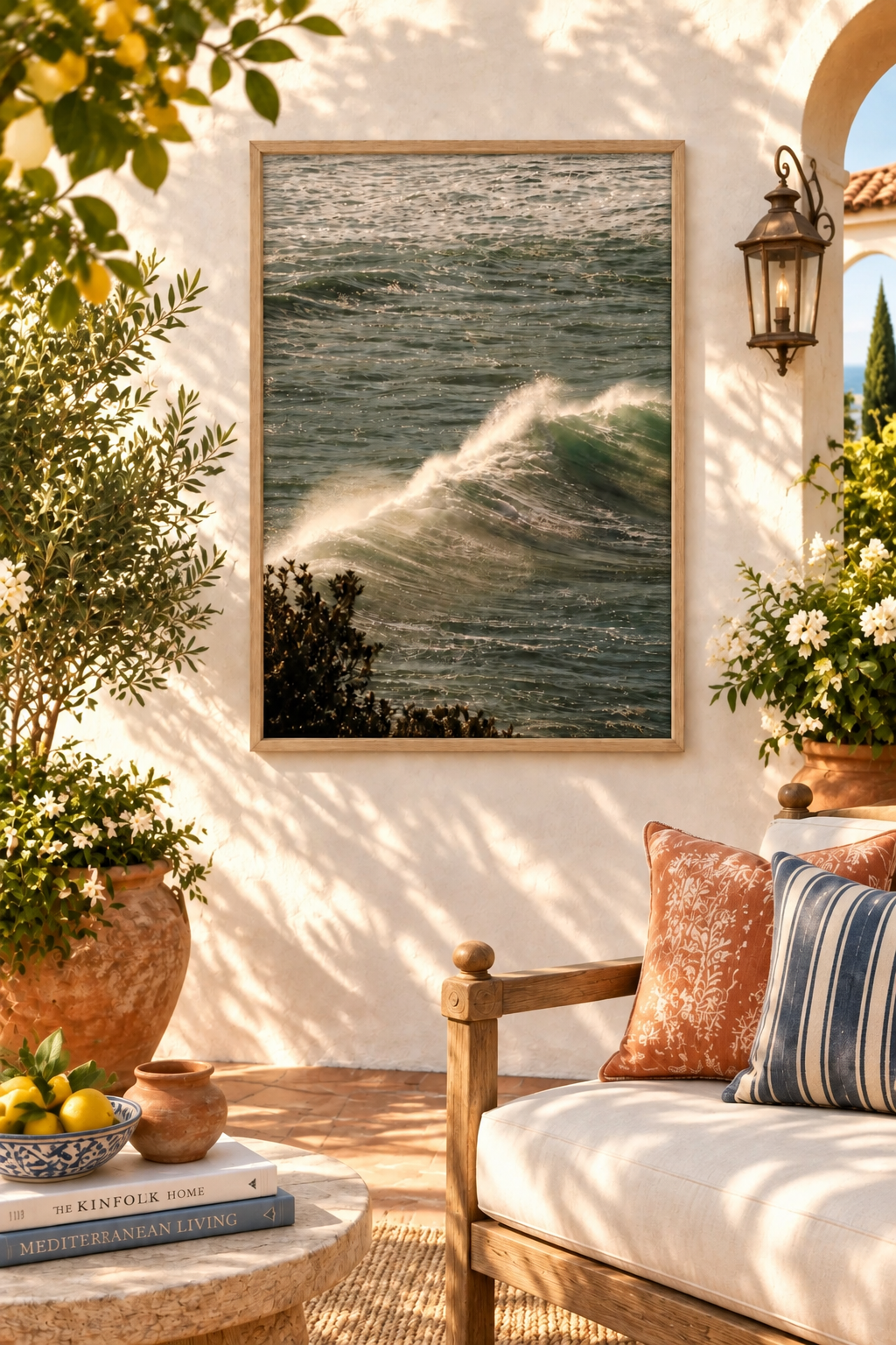 Sea spray ocean photograph without a white border in a wooden frame on a sunny patio