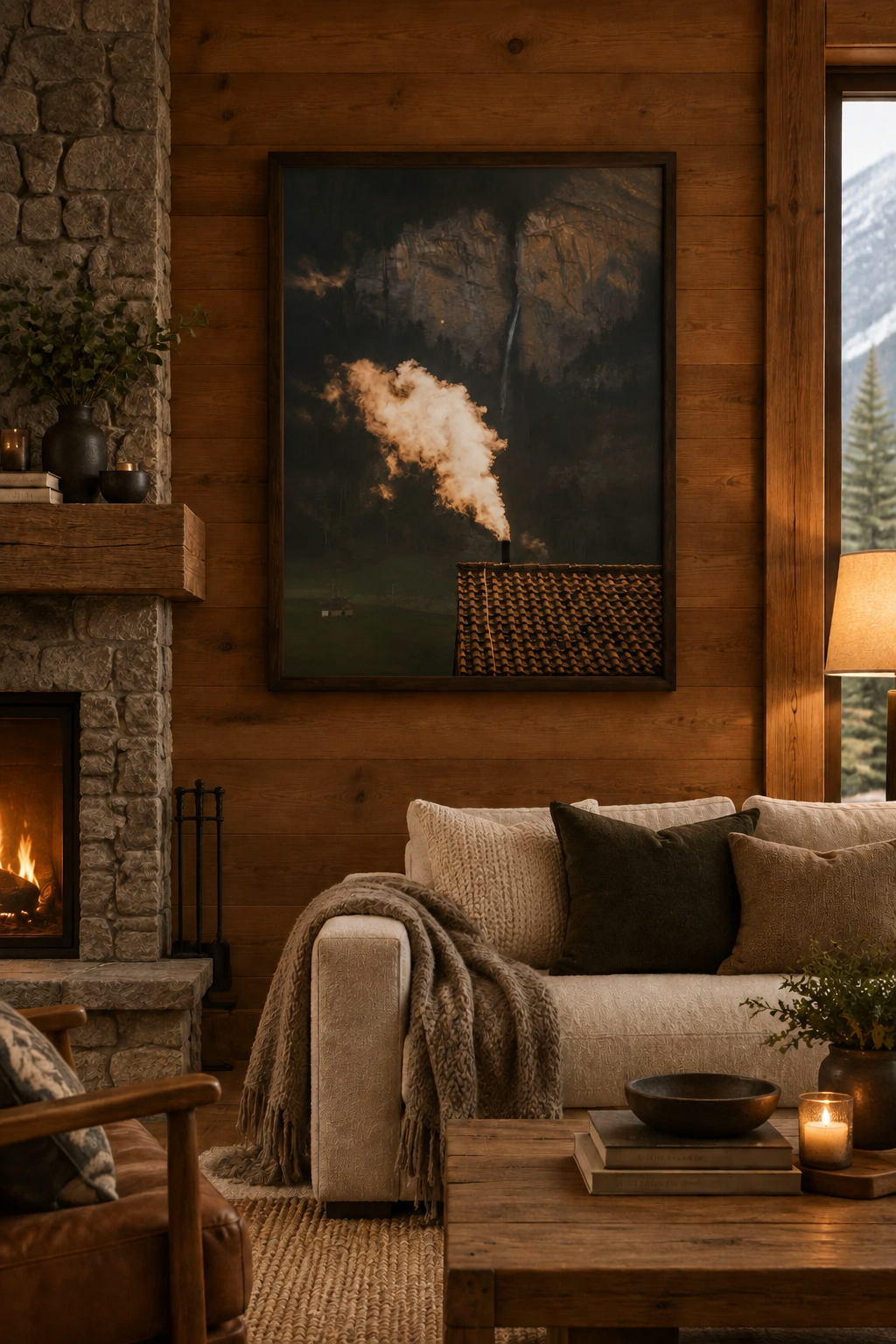 Chimney smoke photograph without a white border in a dark frame in a cozy cabin living room