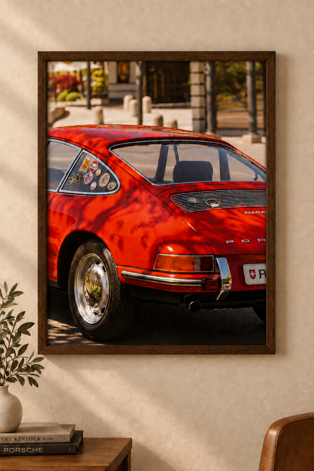 Swiss tail lights red Porsche print in a dark wooden frame without a white border