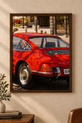 Swiss tail lights red Porsche print in a dark wooden frame without a white border