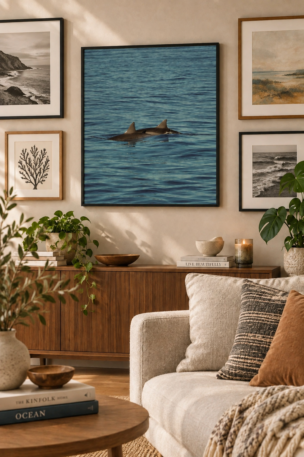 In sync dolphin photography print without a white border in a black frame on a warm living-room gallery wall