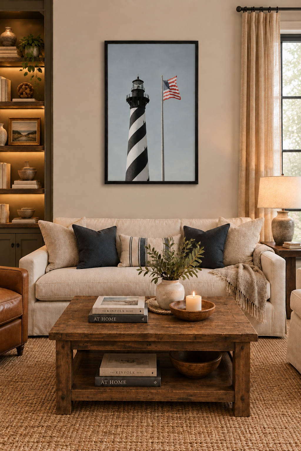 Striped lighthouse and American flag print without a white border in a black frame above a sofa