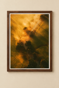 Golden fog and green trees photograph with a thin white border inside a dark wooden frame on a cream wall