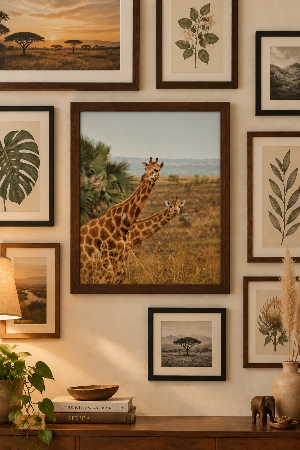 Twin Peeks giraffe print without a white border in a dark wooden frame on a gallery wall