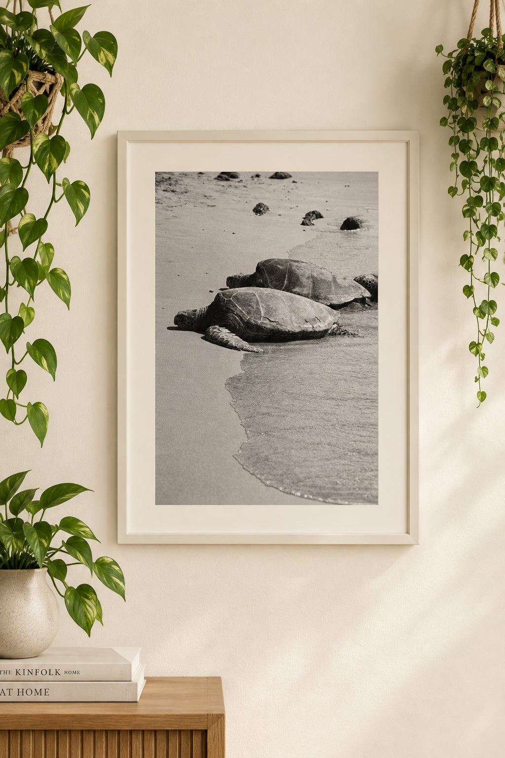 Black and white photograph of two sea turtles resting on a sandy beach at the shoreline.