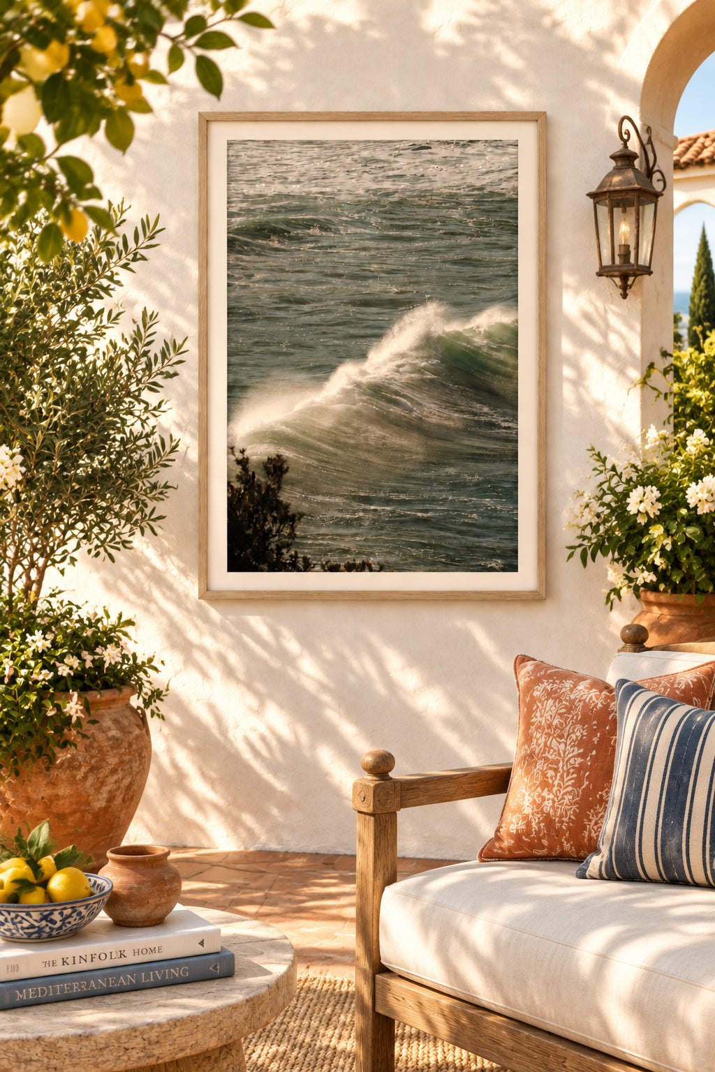 A close-up view of ocean waves with a breaking crest and white spray, photographed outdoors with dark foliage visible in the lower left corner.