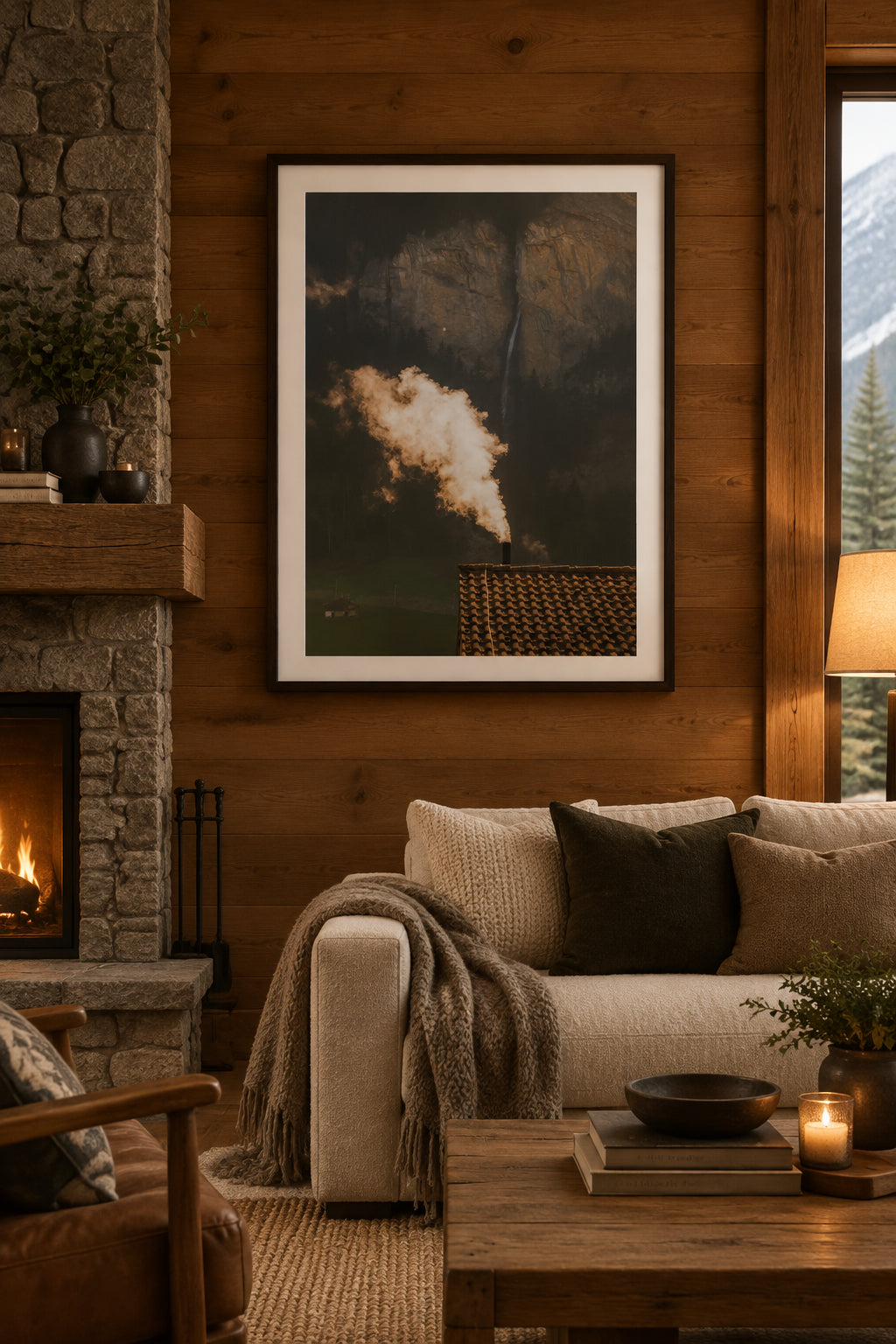 A plume of white smoke rises from a tiled roof against a dramatic mountain backdrop with a waterfall and dark rocky cliffs.